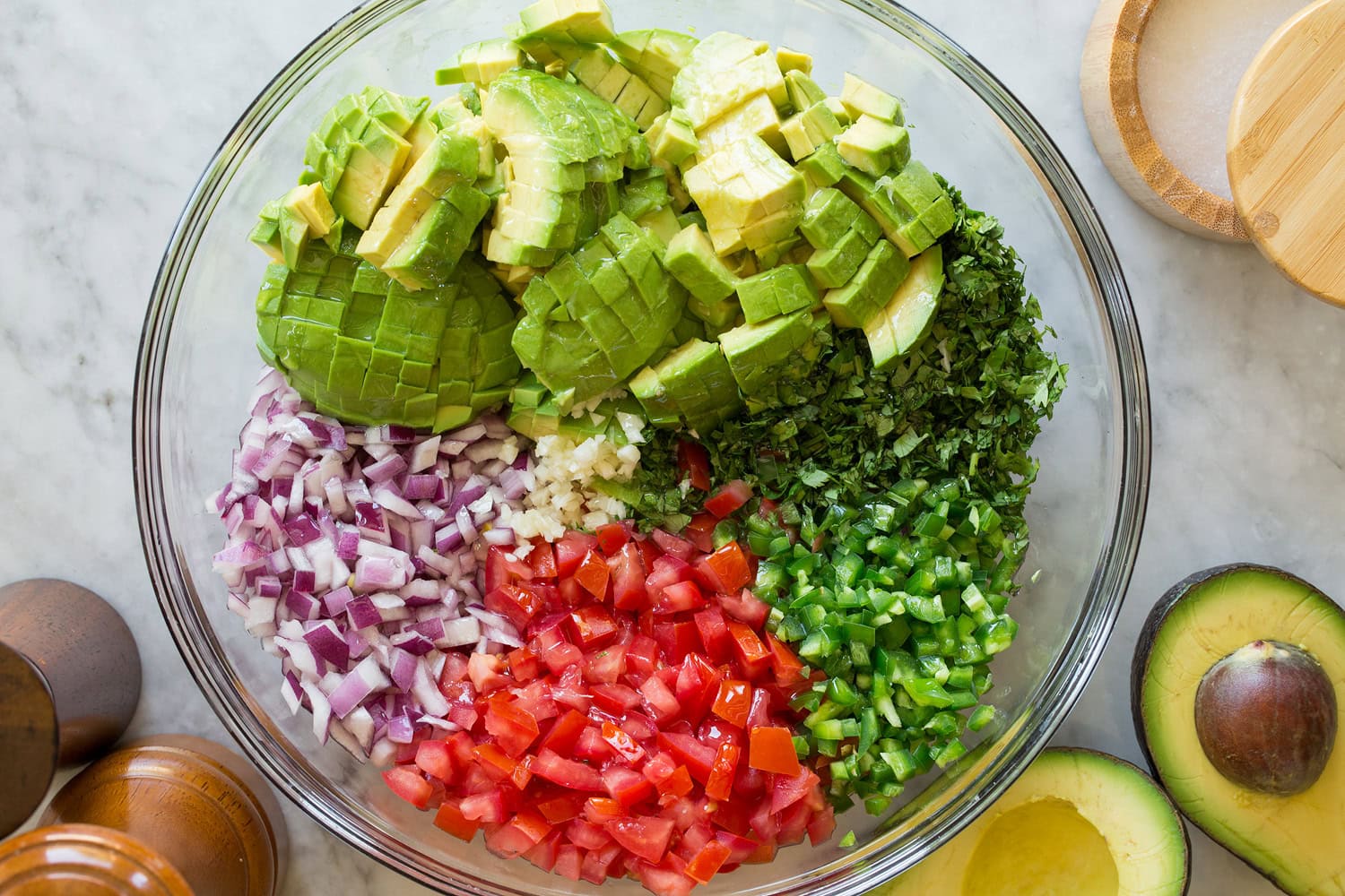 Avocado salsa ingredients shown before tossing together.