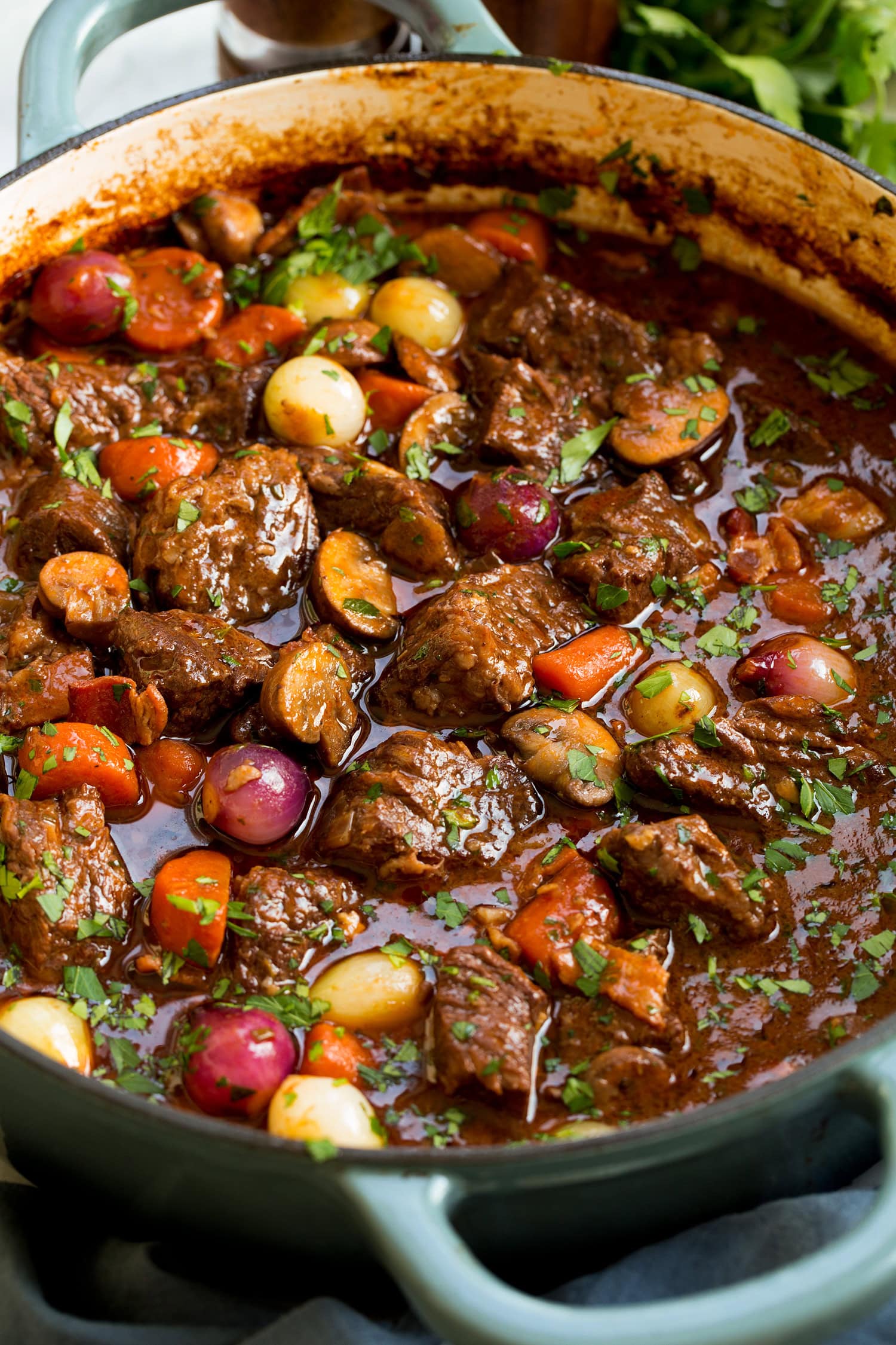 Close up photo of beef bourguignon stew.