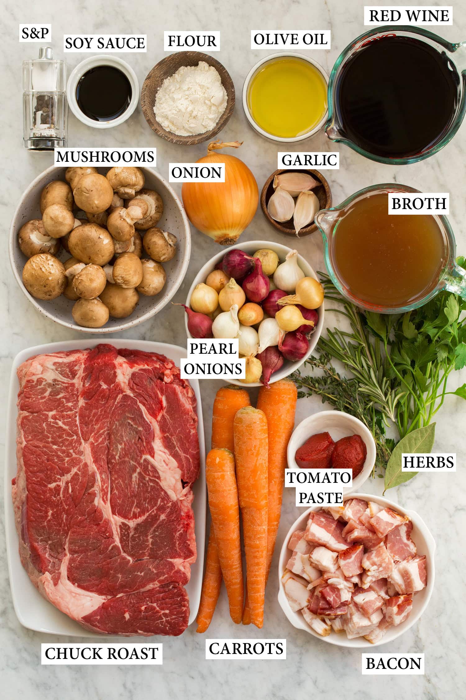 Ingredients used to make beef bourguignon.