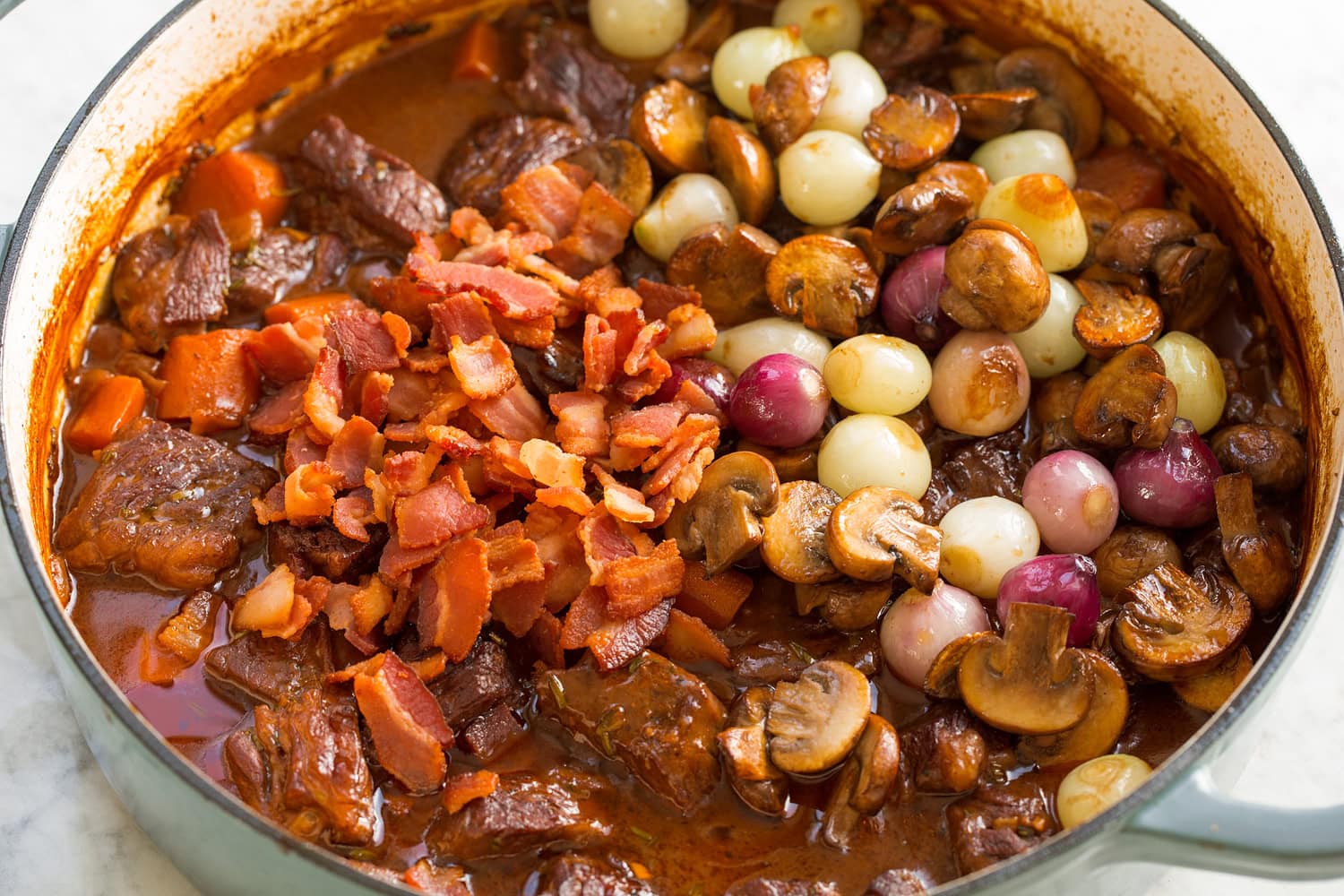 Bacon, onions and mushrooms added to beef bourguignon.