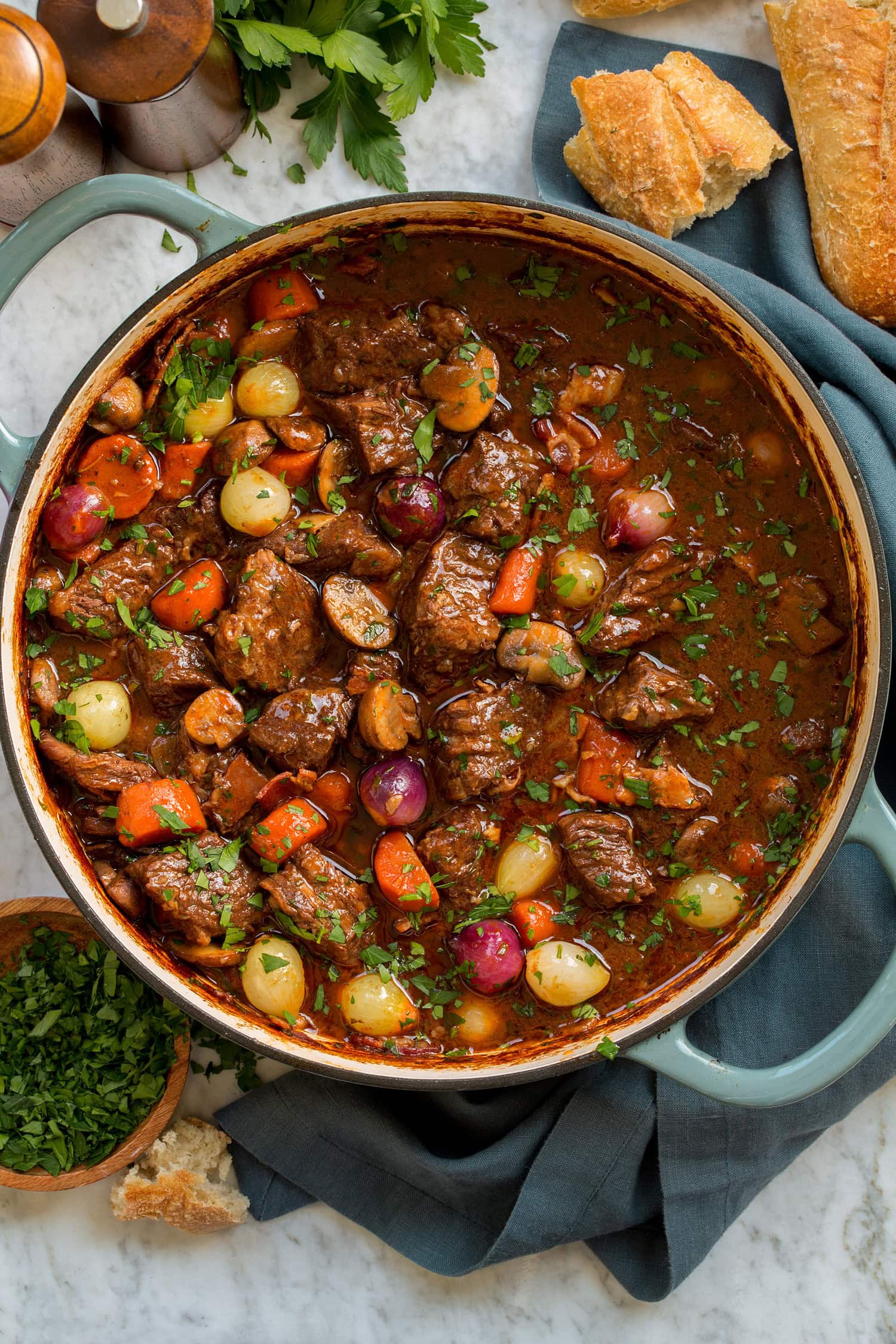 Overhead photo of beef bourguignon french stew.