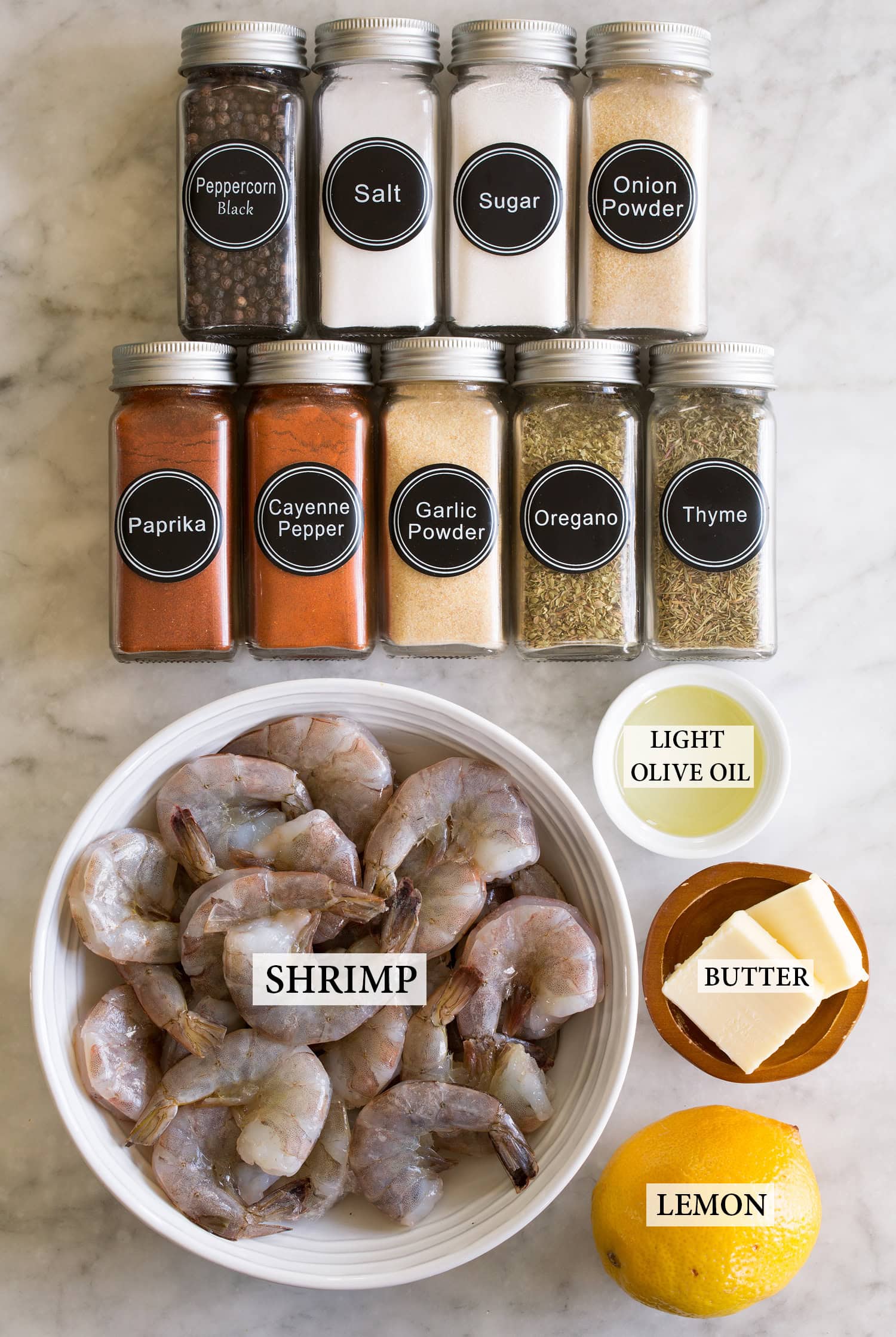 Ingredients needed to make blackened shrimp.