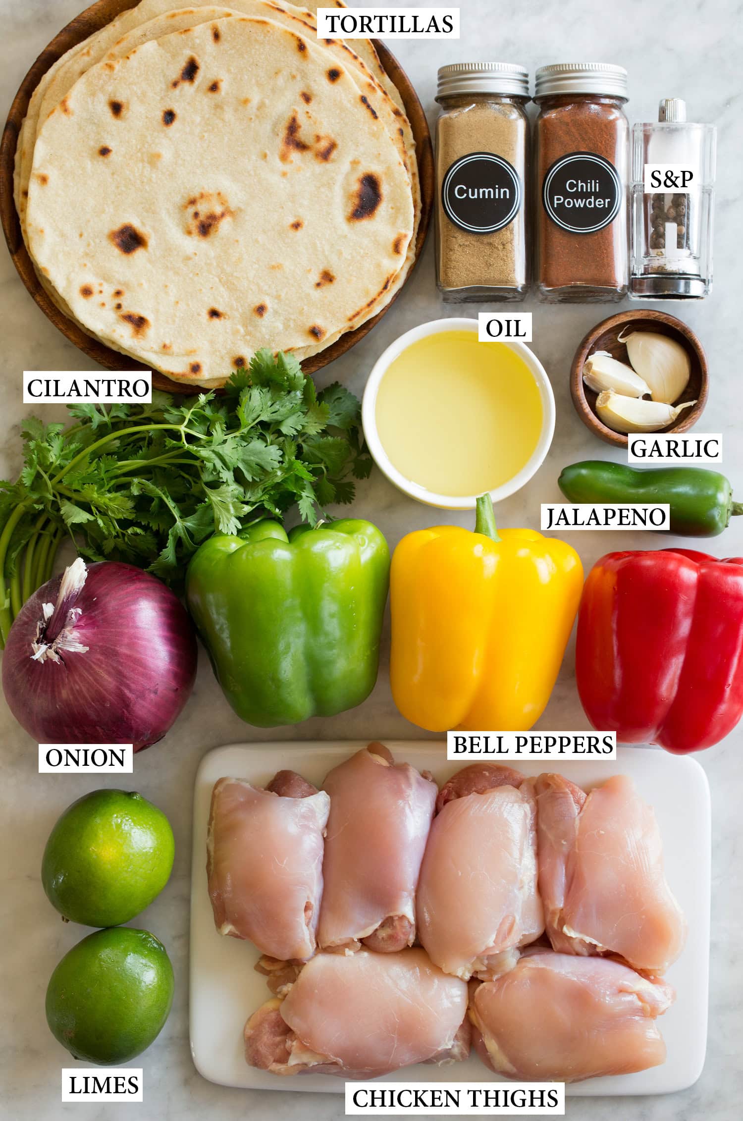 Ingredients needed for chicken fajitas.