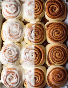 Cinnamon rolls shown before and after frosting on each half of the image.