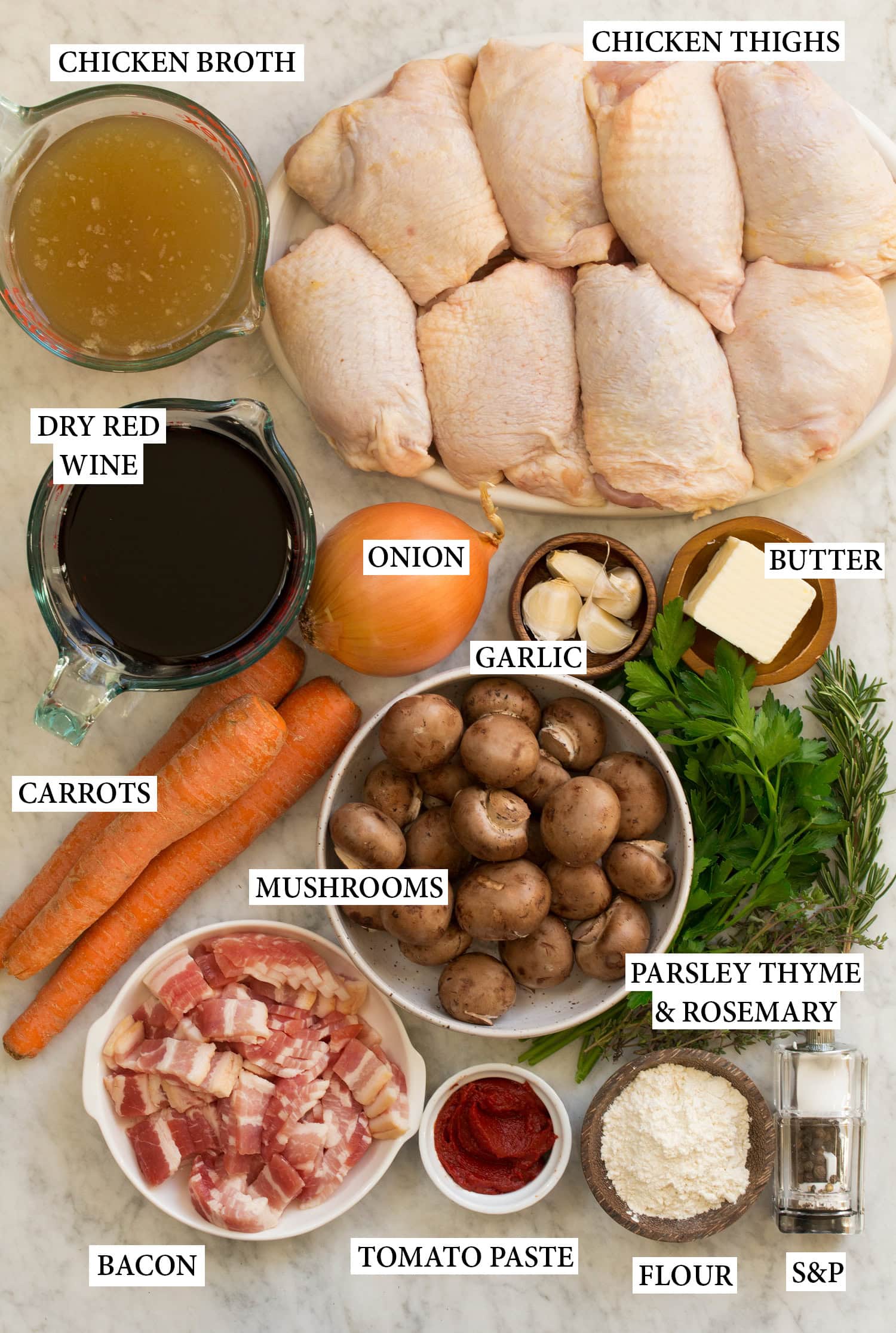 Ingredients used to make coq au vin.