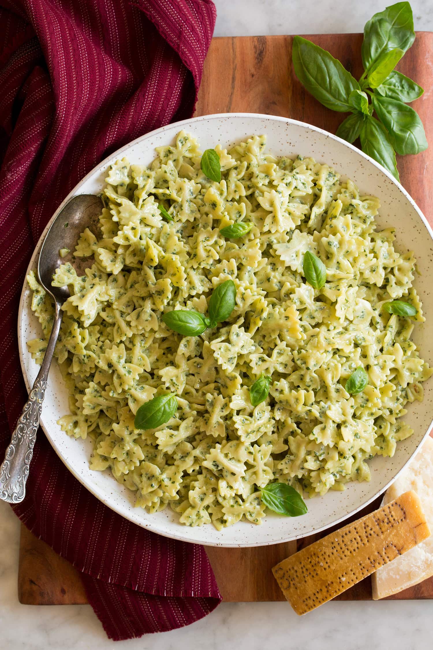 Creamy bow tie pasta with pesto.