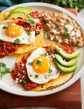 Huevos rancheros served tortillas, salsa ranchero, fried eggs, avocado, and cotija.