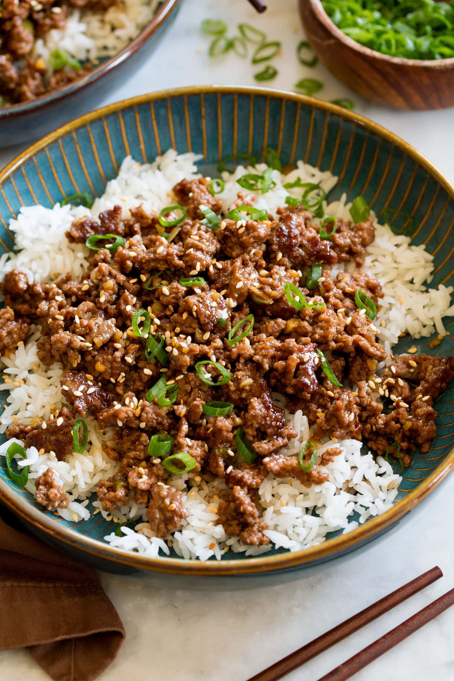 Close up photo of serving of a Korean beef bowl.