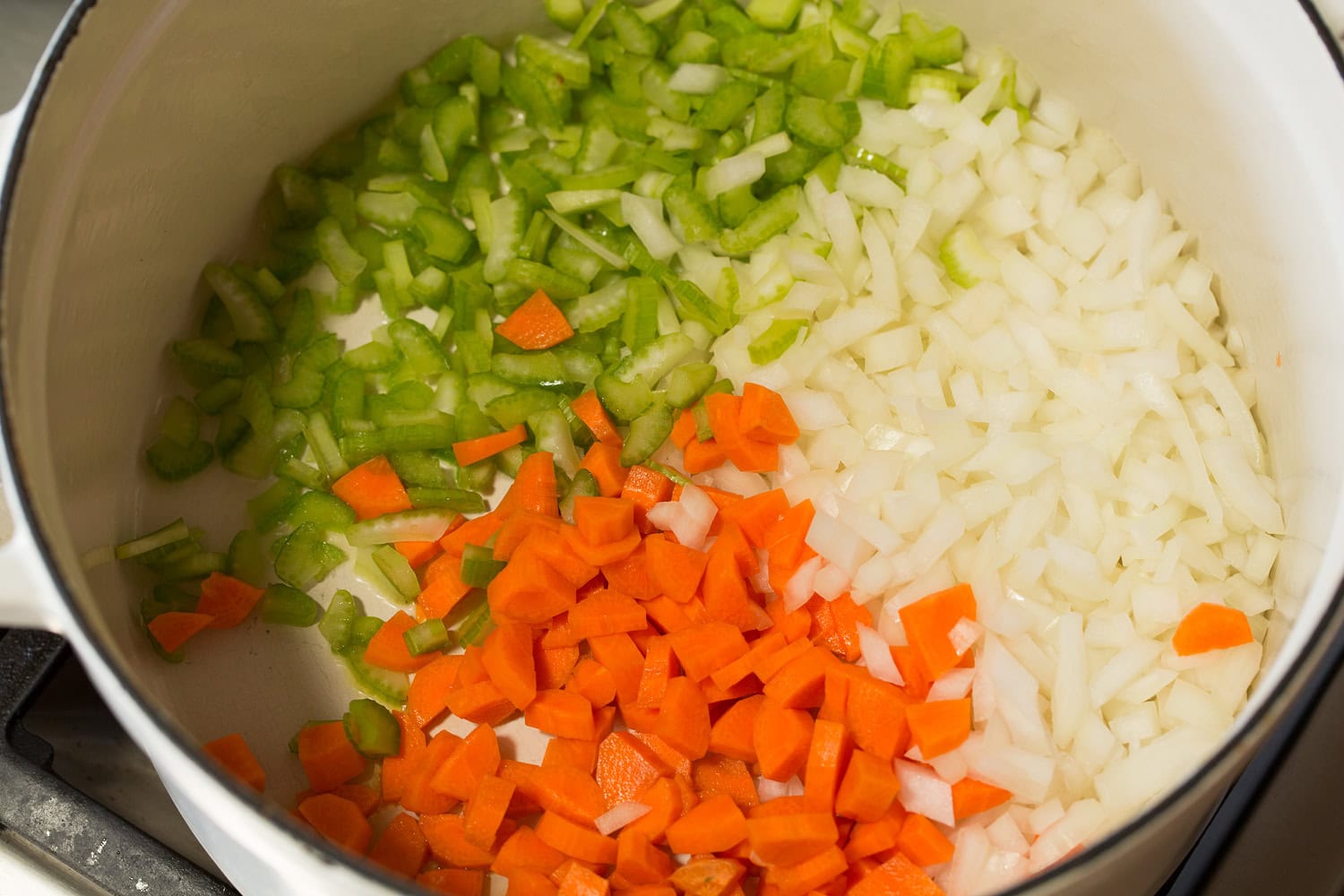 Raw vegetable mixture in pot.