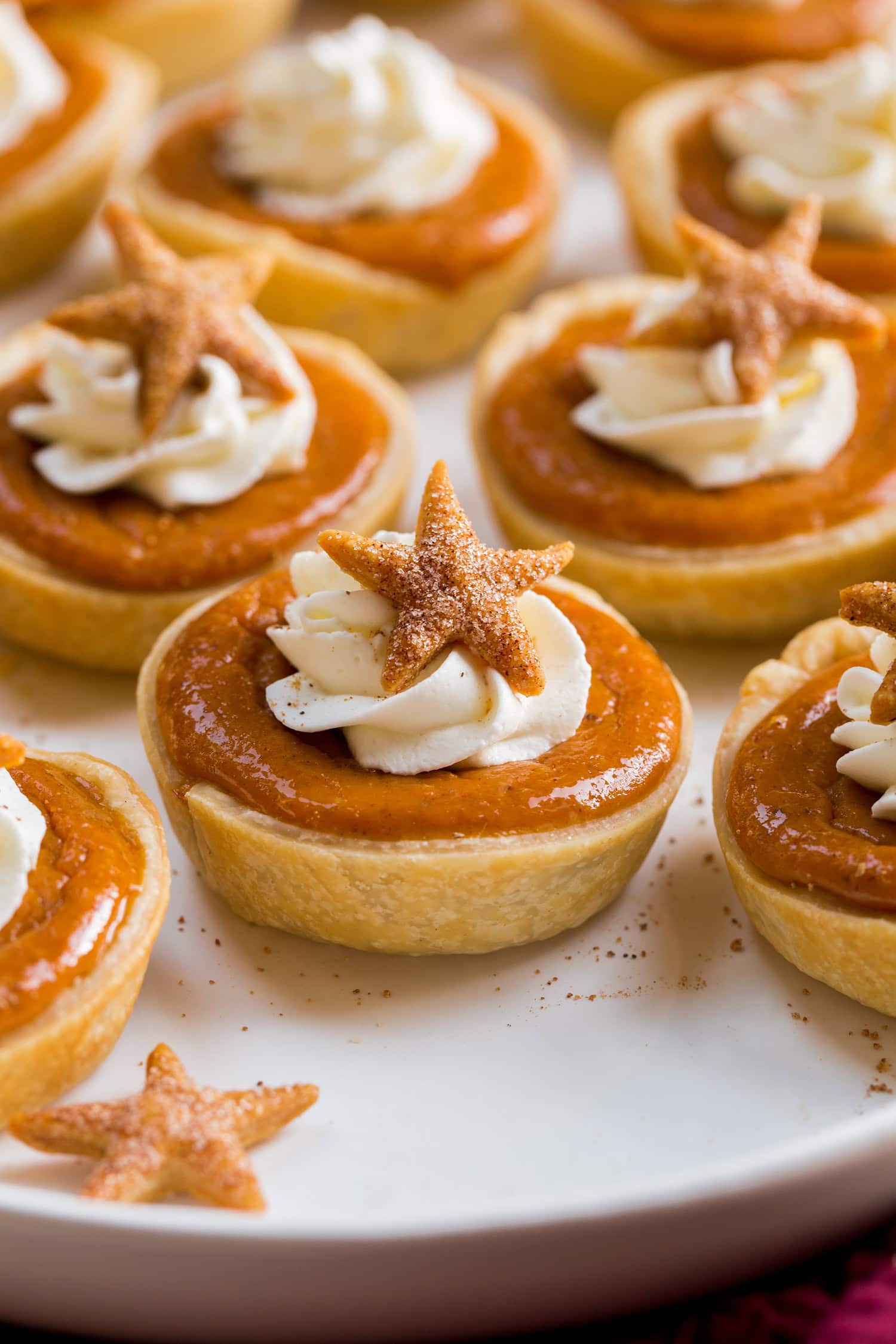 Close up photo of mini pumpkin pie with whipped cream and star garnish.