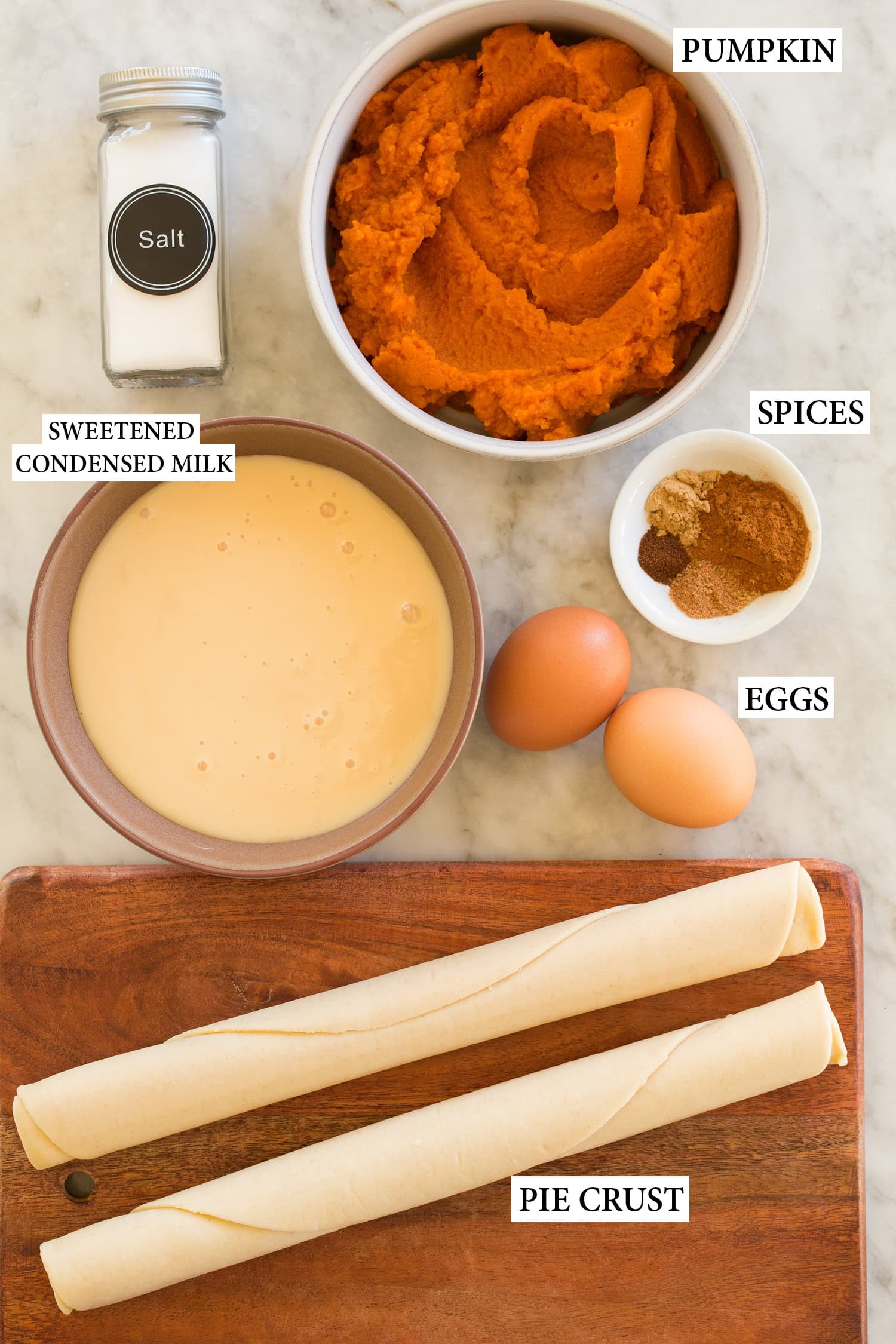 Ingredients used to make individual pumpkin pies.