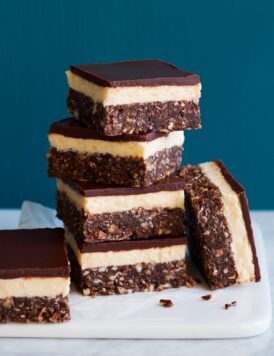 Image of four stacked Nanaimo bars with two resting on the side.