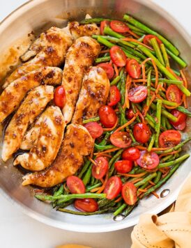 An overhead shot of balsamic chicken in a pan