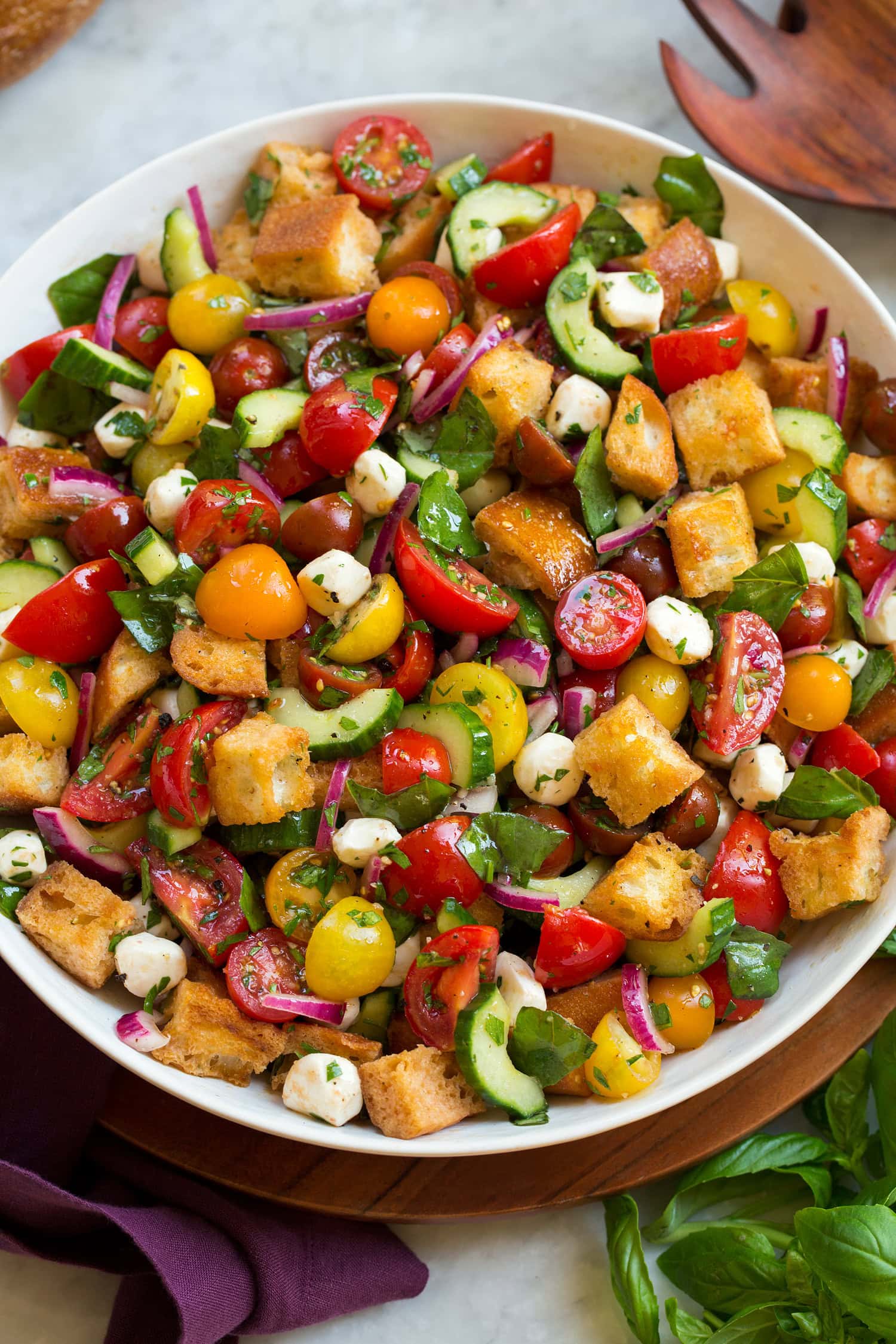 Panzanella salad made with campari tomatoes, grape tomatoes, bread, cucumbers, mozzarella, basil, red onion and parsley.