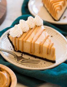 Slice of peanut butter pie on a dessert plate.