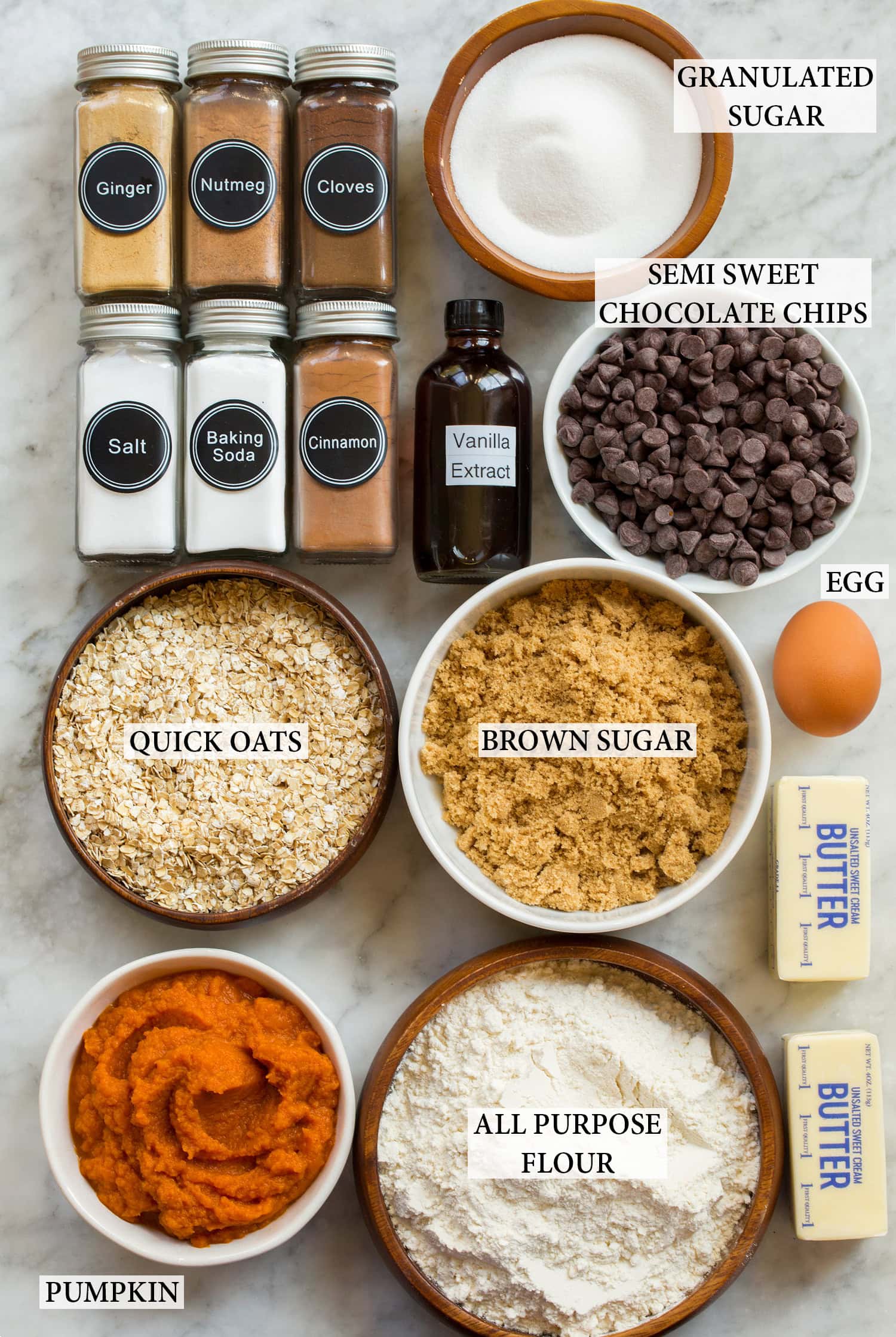 Ingredients used to make pumpkin oatmeal cookies.