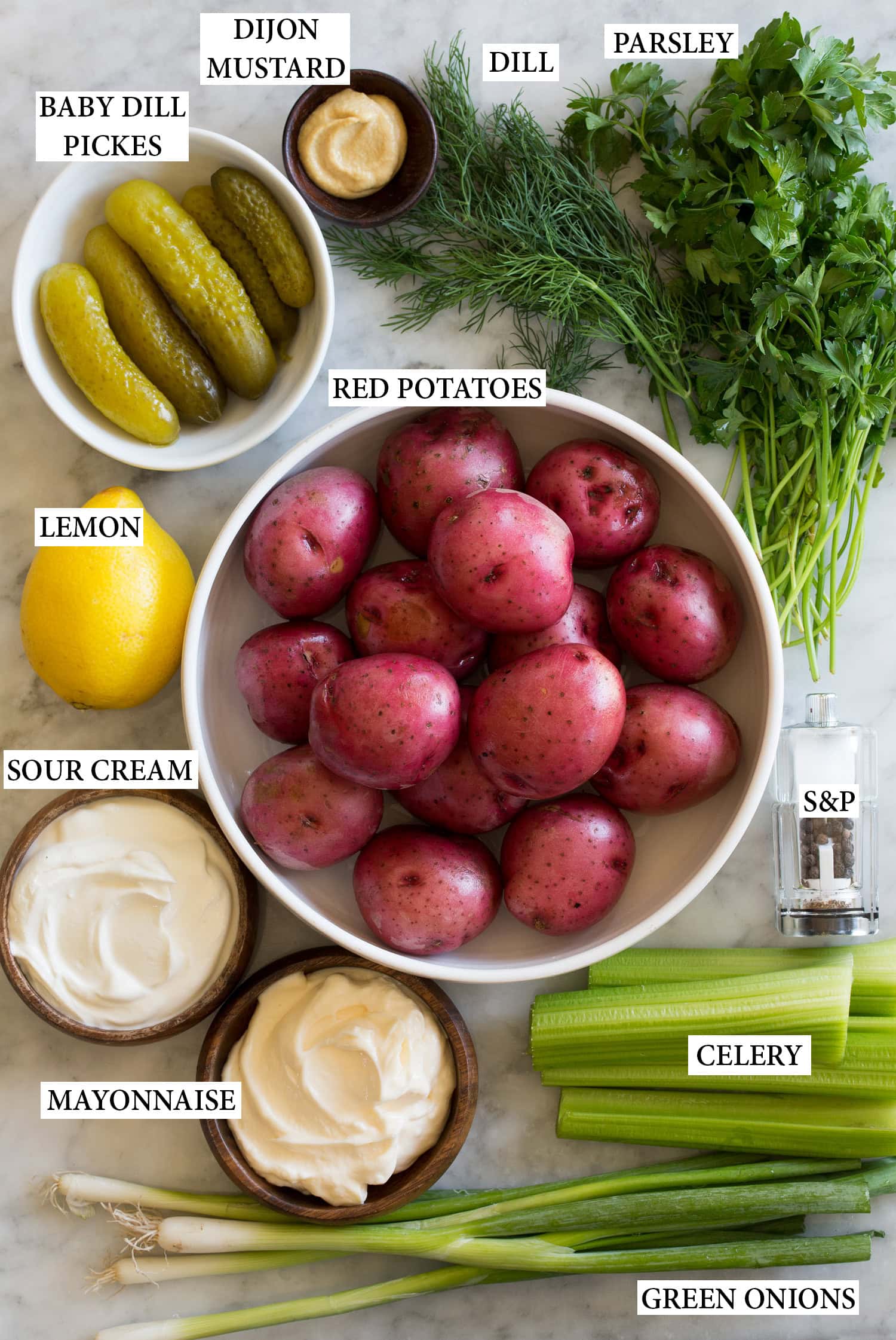 Ingredients used to make a red skinned potato salad.