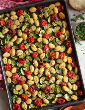 Sheet pan gnocchi with tomatoes and zucchini.