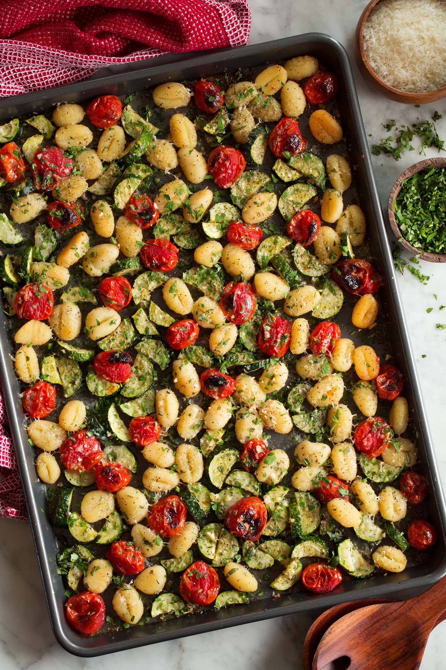 Sheet pan gnocchi with tomatoes and zucchini.