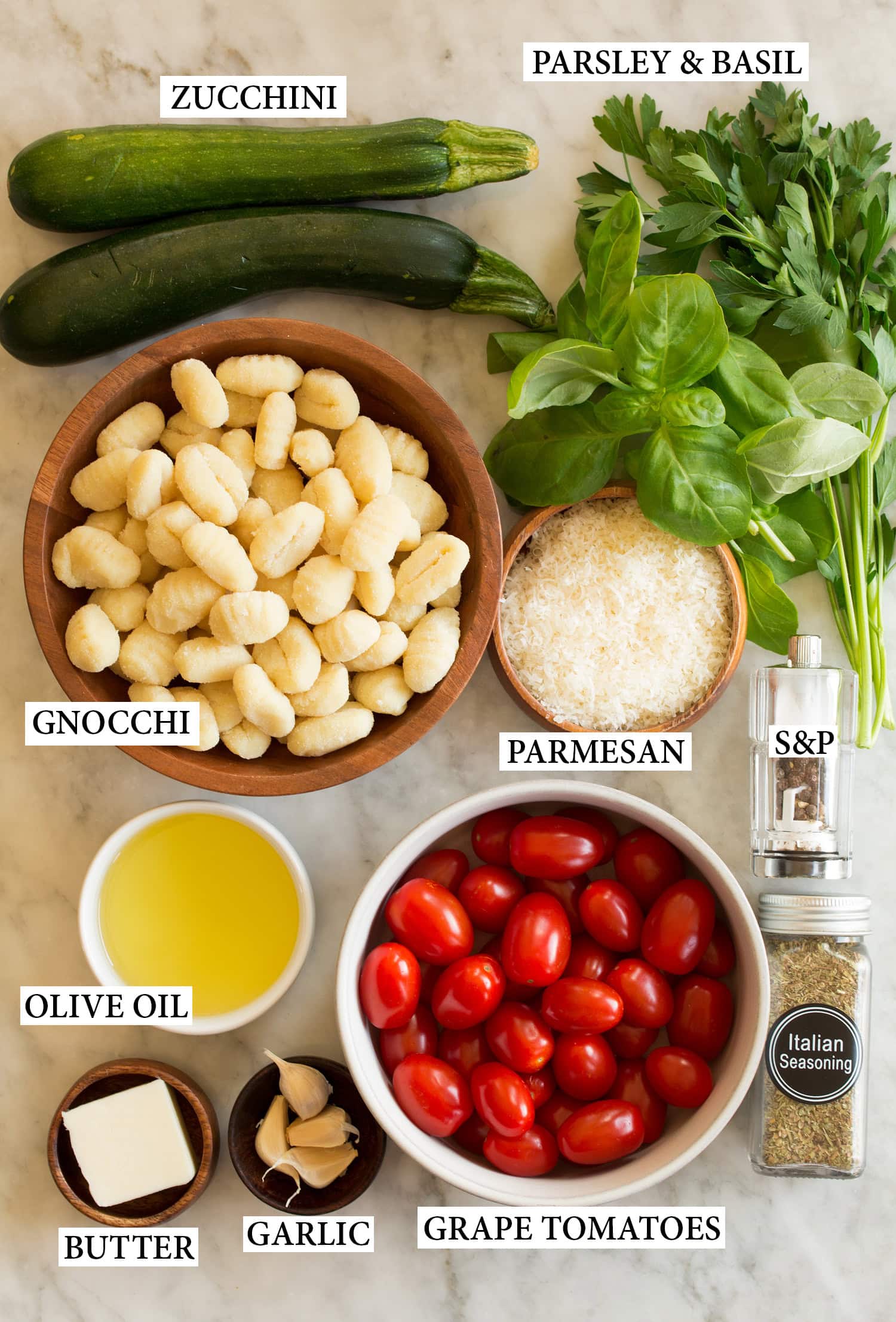 Ingredients needed to make sheet pan gnocchi.