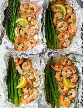 Shrimp and Asparagus Foil Packets with Garlic Lemon Butter Sauce