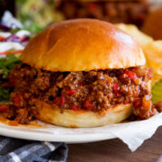 Close up image of sloppy joes showing texture and sauce.