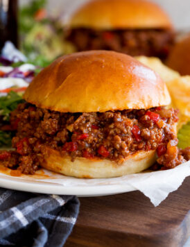 Close up image of sloppy joes showing texture and sauce.