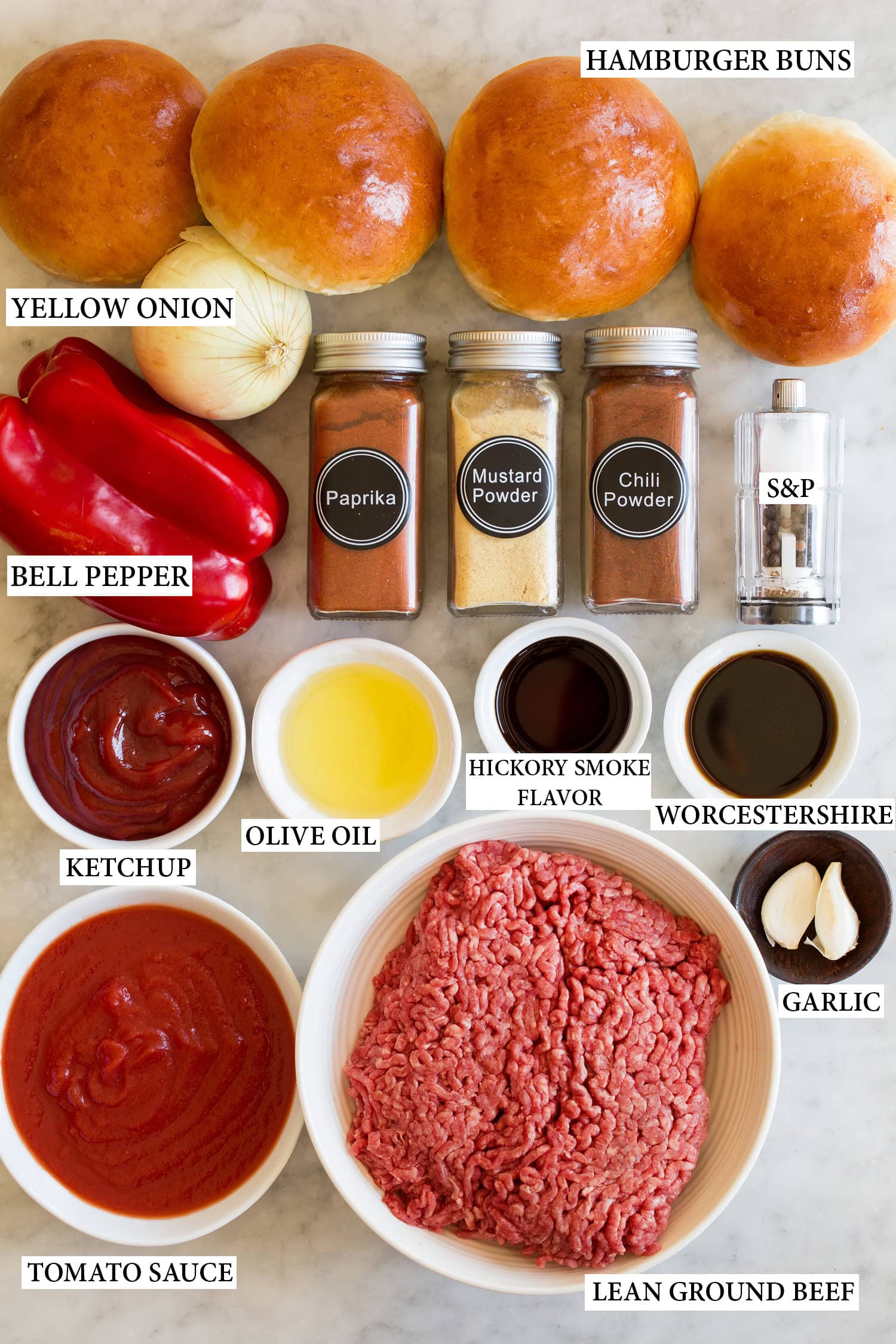 Ingredients needed to make homemade sloppy joes.