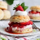 Strawberry shortcake on a white dessert plate. Made up of sweet buttermilk biscuit, macerated strawberries, and whipped cream. It is decorated on top with a fresh strawberry and mint leaves.