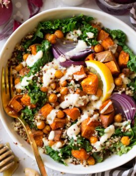 Sweet Potato Chick Pea Buddha Bowls with Ginger Tahini Sauce