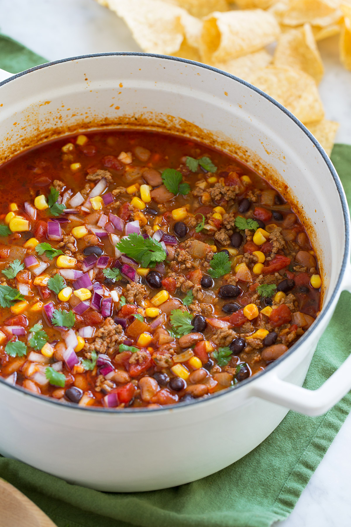 White pot full of taco soup.